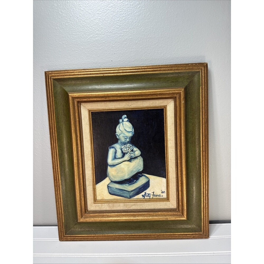 Original Oil Painting Of A Girl Holding Flowers By Betty Fears 1960 Framed 10x8”